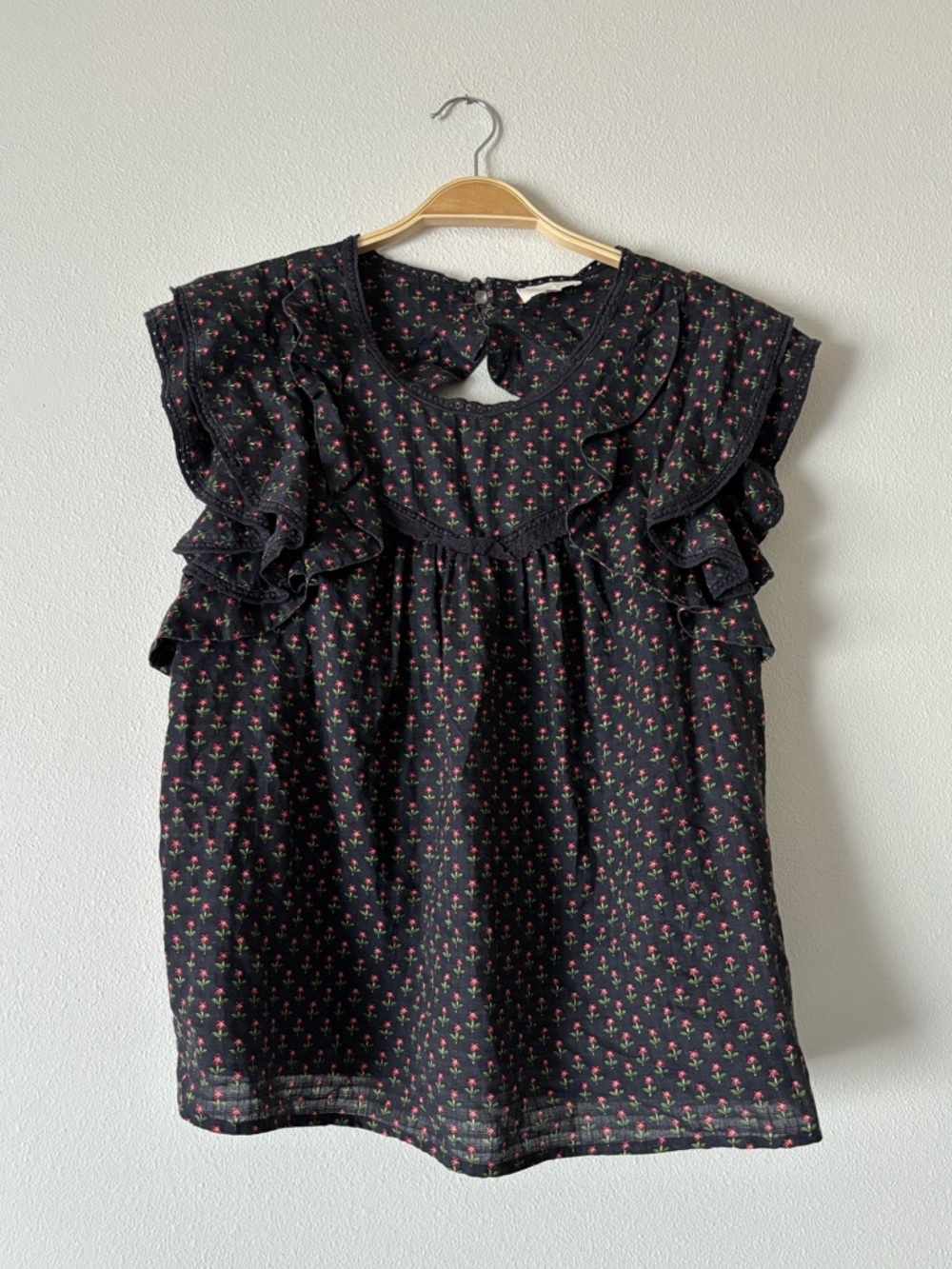Sezane Florencina Black Red Cotton Cottagecore Ruffle Floral Blouse Size 46/XXXL - Picture 3 of 9